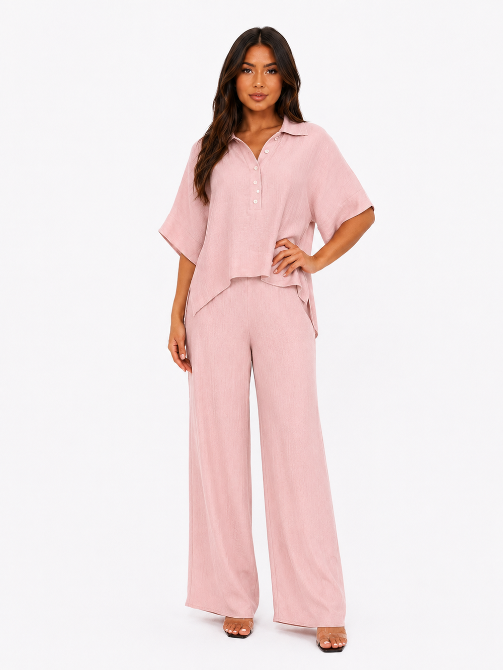 Linen-Blend Shirt & Wide-Leg Pants Set