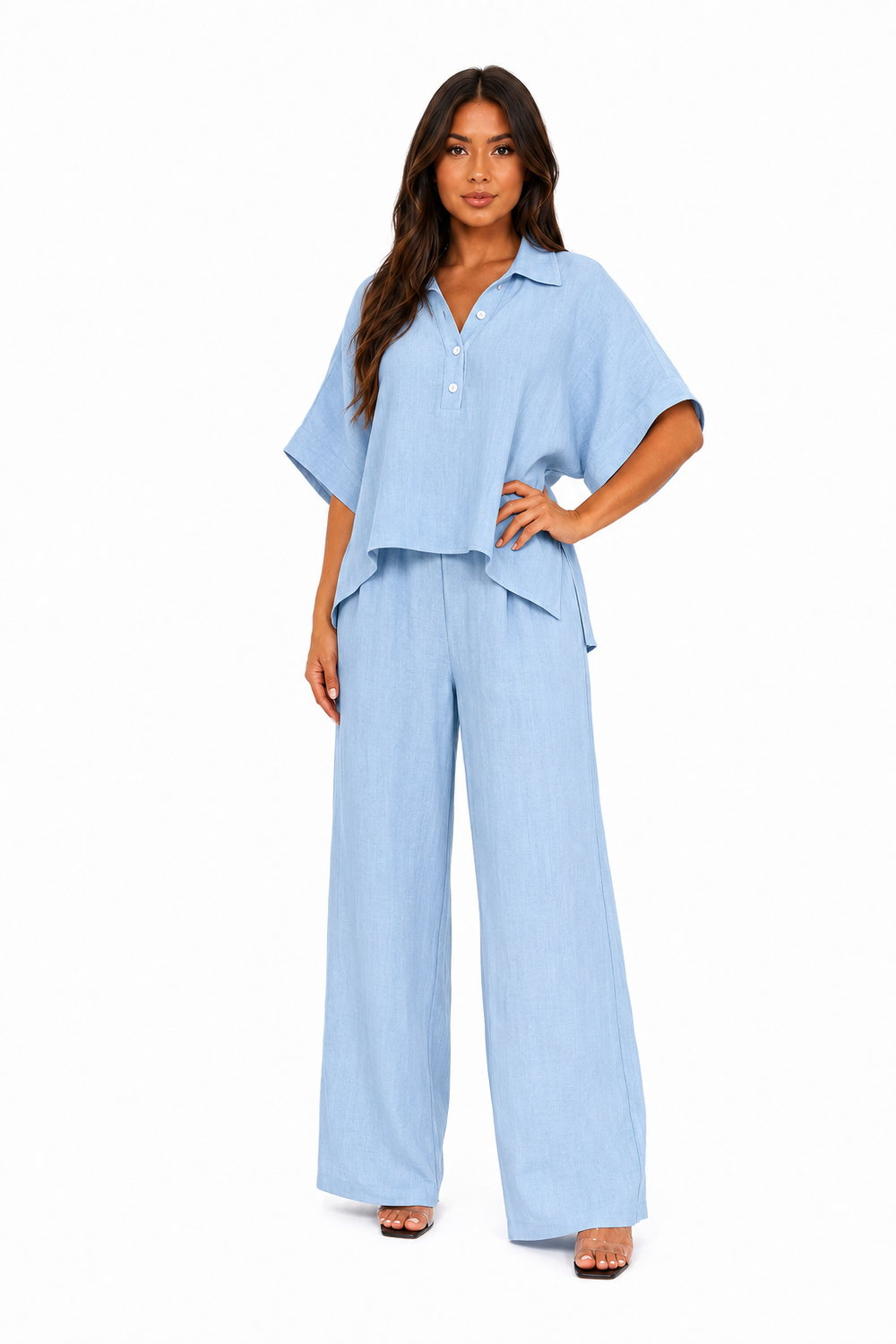Linen-Blend Shirt & Wide-Leg Pants Set